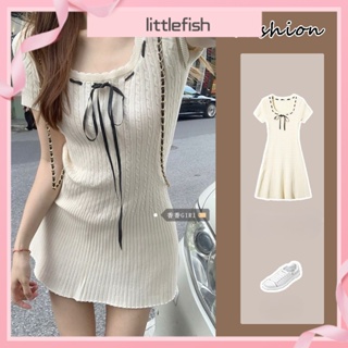 [littlefish] ชุดเดรสแขนสั้น เอวแคบ ผ้าถัก ประดับโบว์ สไตล์หวานแหวว เหมาะกับฤดูร้อน สําหรับผู้หญิง