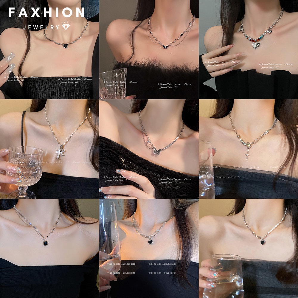 Faxhion Y2K สร้อยคอโชคเกอร์ จี้ผีเสื้อ หัวใจ ไม้กางเขน ประดับเพทาย คริสตัล มุก สีเงิน เครื่องประดับ สําหรับผู้หญิง