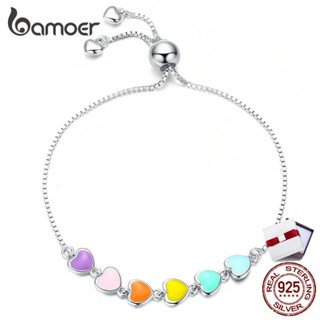 BAMOER สร้อยข้อมือรูปหัวใจสีรุ้งสำหรับผู้หญิงเงินแท้ 925 แก้แพ้ SCB158