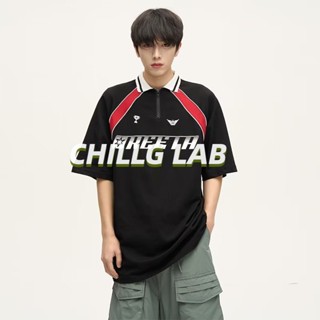 CHILLG LAB เสื้อโปโลผู้ชายแฟชั่นแนวสตรีทสไตล์อเมริกันรุ่นคู่รักปกเสื้อยืดหลวม