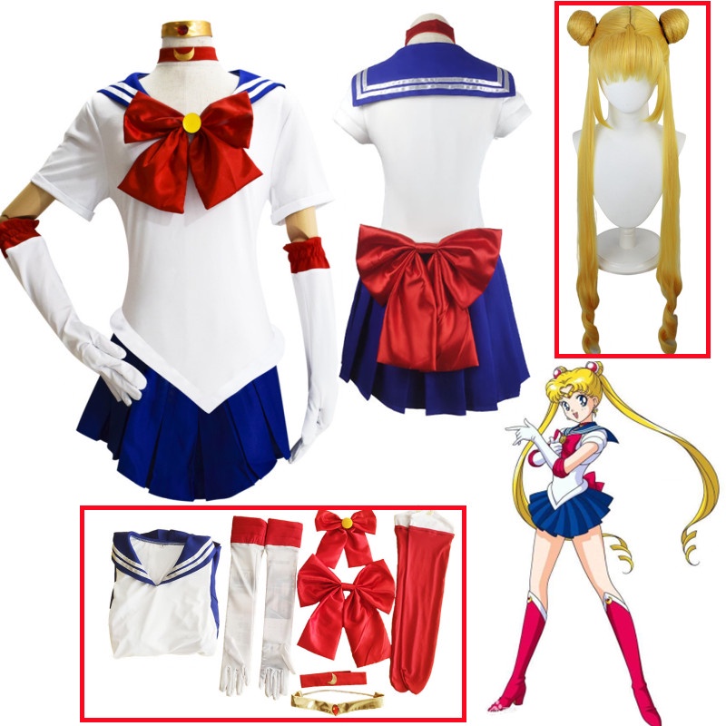 อะนิเมะกะลาสีดวงจันทร์คอสเพลย์เครื่องแต่งกาย tsukino usagi ชุดเครื่องแบบชุดคอสเพลย์วิกผมสีเหลืองฮาโลวีน carnivl ปาร์ตี้ผู้หญิงเด็ก