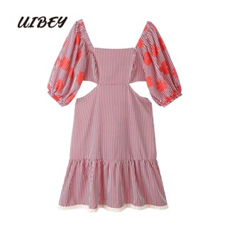 Uibey ชุดเดรส คอสี่เหลี่ยม เปิดหลัง ลายทาง 23008