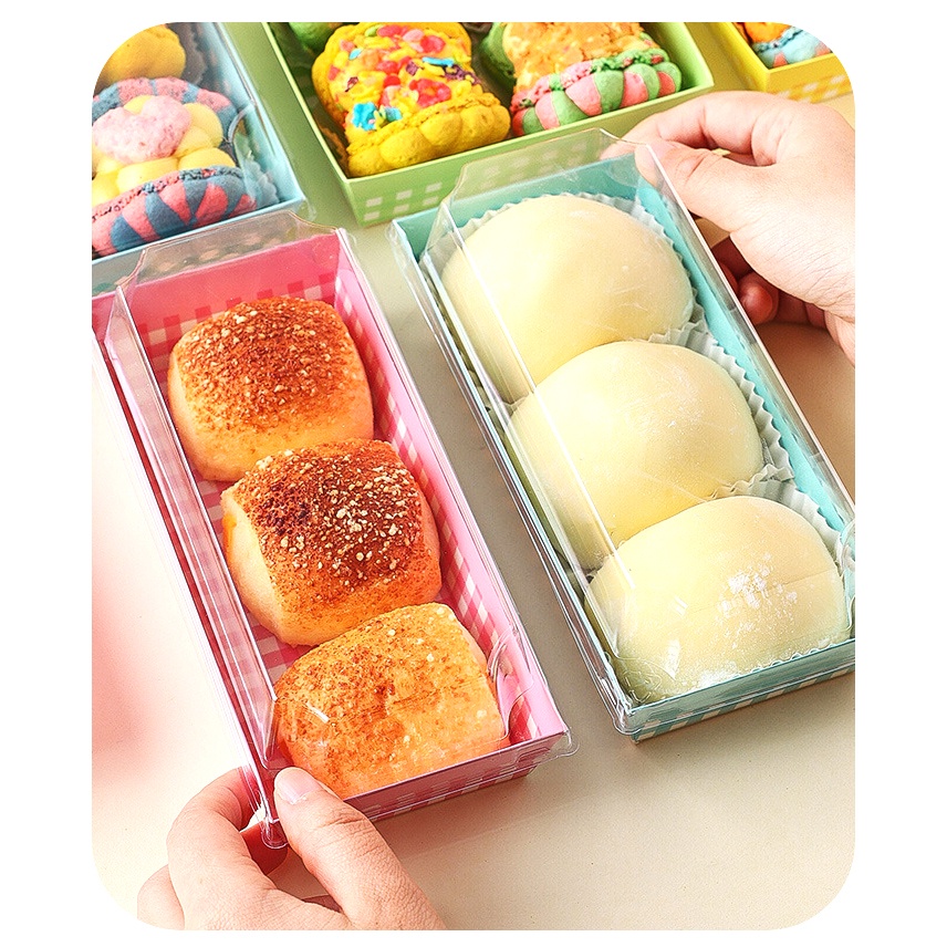 Yourpack-(10ใบ/แพ็ค) กล่องใส่ขนมลายสก็อต กระดาษเคลือบ ทรงยาว พร้อมฝาพลาสติก สุดน่ารัก
