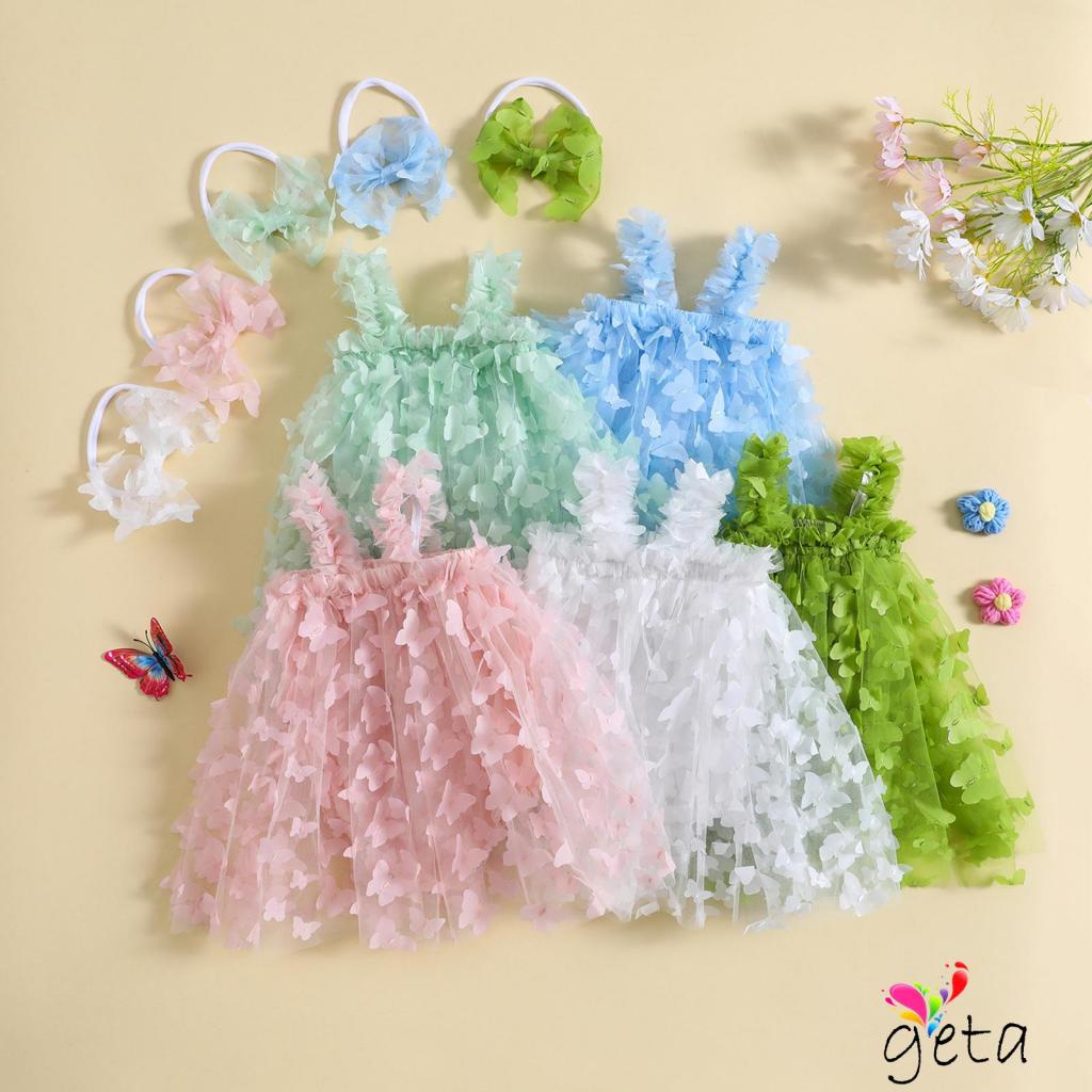 Ljw-เด็กทารกฤดูร้อนแขนกุด 3D ผีเสื้อ Tulle ชุดบอดี้สูท + ที่คาดผม