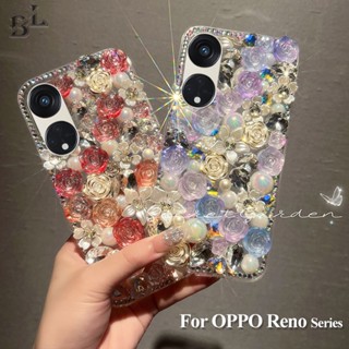 เคส Oppo Reno 8T 4G 5G Reno 10 8 7 Pro 5G 4G Reno 7Z 8Z 5G Reno 8 Pro 5Gโทรศัพท์มือถือ ประดับมุก พลอยเทียม กลิตเตอร์ ระยิบระยับ ลายดอกกุหลาบ 3D หรูหรา สําหรับ