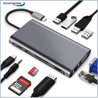 Amaz 11-in-1 อะแดปเตอร์ฮับ Usb 3.0 Type-C หลายพอร์ต Hd-mi เข้ากันได้กับ 4k Usb C เป็น VGA 4 ชิ้น พอร์ต Usb 100 ม. การ์ดรีดเดอร์ Lan