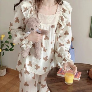 Baju Tidur Wanita ชุดนอนผ้าโปร่ง แขนยาว คอสี่เหลี่ยม สไตล์เจ้าหญิง พลัสไซซ์ คุณภาพสูง