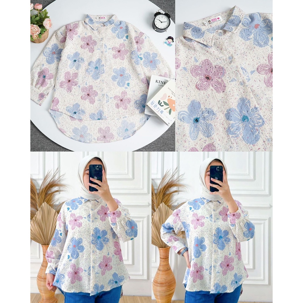 Tq88indonesia เสื้อเชิ้ตลายดอกไม้ผู้หญิง / VINLI BLOUSE Floral Motif / ชุดลําลองผู้หญิง /