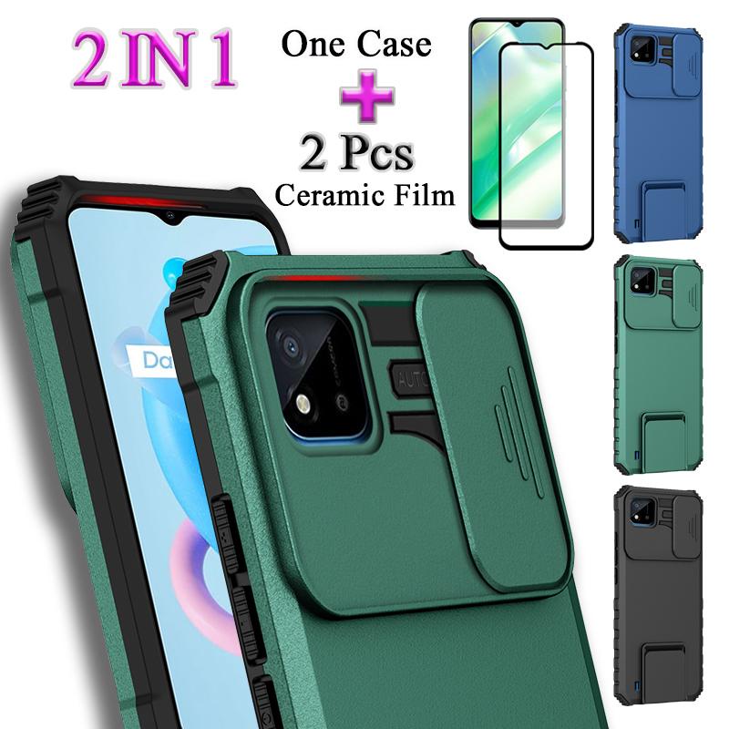 2 IN 1 เคสโทรศัพท์มือถือเซรามิค แบบแข็ง กันกระแทก ป้องกันกล้อง พร้อมขาตั้ง สองชิ้น สําหรับ Realme C1