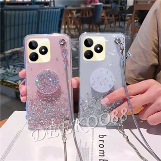 เคสโทรศัพท์มือถือนิ่ม ลายกลิตเตอร์ดาว พร้อมสายคล้อง และขาตั้ง สําหรับ Realme C53 C55 NFC 10T 10 Pro+ Pro 5G Coca-Cola Edition 4G Plus RealmeC53