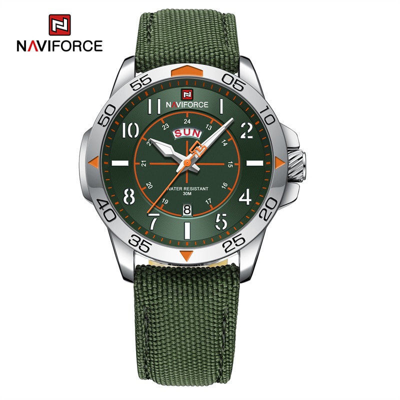 Naviforce นาฬิกาข้อมือผู้ชายแบรนด์หรูกันน้ำสีส้มนาฬิกาไนล่อนปฏิทินกีฬาทหารควอตซ์ดั้งเดิมนาฬิกาผู้ชาย