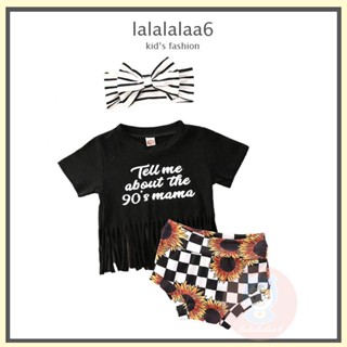 Laa6- เสื้อยืดแขนสั้น พิมพ์ลายตัวอักษร และดอกไม้ และกางเกงขาสั้น และที่คาดผม แฟชั่นฤดูร้อน สําหรับเด็กวัยหัดเดิน