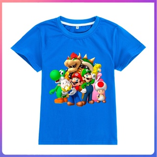 เสื้อยืดแขนสั้นลําลอง ผ้าฝ้าย 100% พิมพ์ลาย Super Mario สไตล์สปอร์ต สําหรับเด็กผู้ชาย และเด็กผู้หญิง