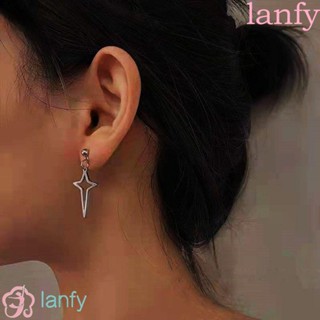 LANFY ต่างหูห่วง สเตนเลส ห้อยจี้รูปดาวไม้กางเขน สไตล์ฮิปฮอป เรียบง่าย ของขวัญ สําหรับผู้ชาย และผู้หญิง