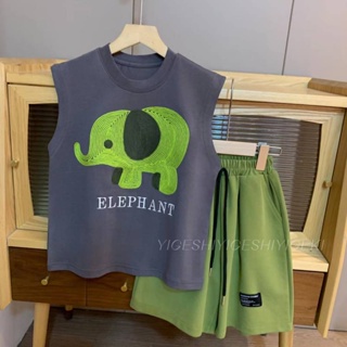 Childrens Sleeveless Suit Boys and Girls Summer Vest Mens Childrens Two-Piece Suit Summer Elephant Thin Short Sleeve Shorts B05r