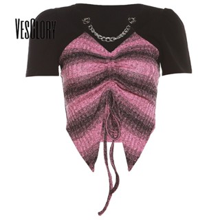 Vesglory เสื้อครอปท็อป แขนสั้น แต่งจับจีบ แต่งสายโซ่ สีคอนทราสต์ สําหรับผู้หญิง 2023