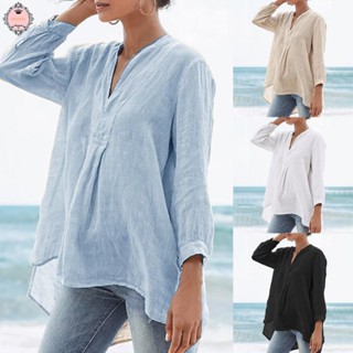 Plus Size Women Cotton Linen T Shirt Ladies Oversized V-neck Baggy Blouse Tops