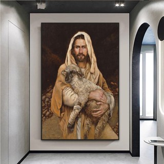 โปสเตอร์ภาพวาดผ้าใบ รูปพระเยซู Christ God with Lamb สไตล์มินิมอล สําหรับตกแต่งผนัง 0711