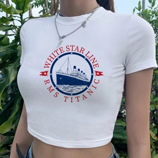 Titanic yk2 เสื้อครอปท็อป ลายกราฟฟิคน่ารัก สไตล์ฮาราจูกุ สําหรับผู้หญิง