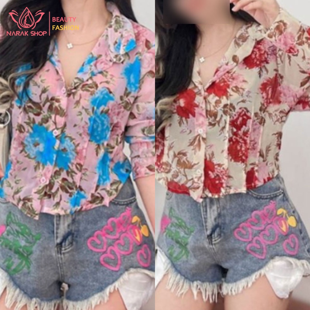 เสื้อเชิ้ตเเขนยาวเเฟชั่นลายดอกไม้สีสันสดใส มีไซซ์ไห้เลือก พร้อมจัดส่งจากไทย เสื้อ สงกรานต์ ผู้หญิง