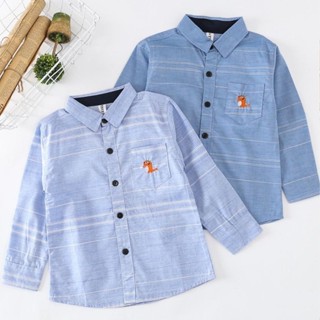 พร้อมส่ง เสื้อเชิ้ตแขนยาวลําลอง ปักลายการ์ตูน Xiaolong มีกระเป๋า สําหรับเด็กผู้ชาย