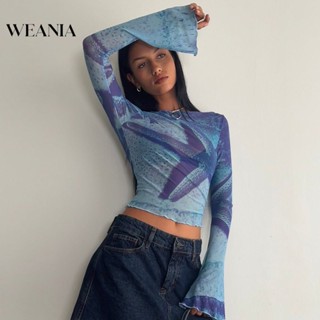 Weania เสื้อครอปท็อป แขนยาว ผ้าตาข่าย พิมพ์ลายแอปสแตรกท์ สําหรับผู้หญิง