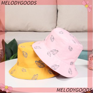 MELODG หมวกบักเก็ตลําลอง ผ้าฝ้าย ป้องกันแดด ลายผีเสื้อ สองด้าน สําหรับผู้หญิง และผู้ชาย