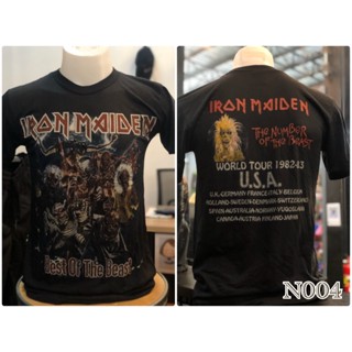 IRON MAIDEN สไตล์เรียบง่ายวงดนตรีร็อกนานาชาติเสื้อยืดสไตล์วินเทจด้านบนราคาถูก  world tour 1982-83 USA