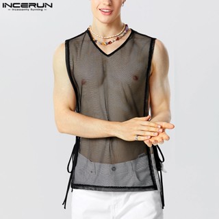 Incerun เสื้อกล้าม คอวี แขนกุด ตาข่าย สายรัดสองด้าน สไตล์วินเทจ สําหรับผู้ชาย