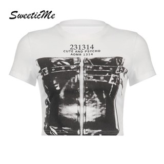 Sweeticme ใหม่ เสื้อยืดลําลอง แขนสั้น คอกลม พิมพ์ลาย ทรงหลวม เซ็กซี่ แฟชั่นสําหรับสตรี 2023