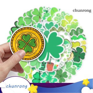 Chunrong สติกเกอร์ ลายกราฟฟิตี้ ใบโคลเวอร์สี่แฉก สีเขียว กันน้ํา DIY สําหรับติดตกแต่งคอมพิวเตอร์ สเก็ตบอร์ด 50 ชิ้น