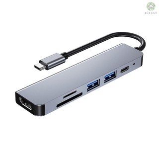 [DZ] 6-in-1 ฮับ Type-C อะลูมิเนียมอัลลอย อเนกประสงค์ พร้อมพอร์ต HD USB2.0 USB3.0 PD ช่องเสียบการ์ด TF SD