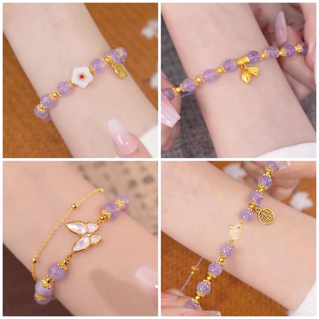 สร้อยข้อมือ ประดับลูกปัดอเมทิสต์ รูปผีเสื้อ และกระต่าย สําหรับผู้หญิง กําไลลูกปัด