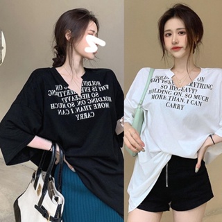 mimi&amp;didi*พร้อมส่ง*เสื้อยืดแขนสั้นผู้หญิง เซ็กซี่ คอปกสุดชิค ฮาราจูกุทรงหลวมยาวปานกลาง เสื้อผ้าแฟชั่นเกาหลี#2435