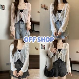 OFF SHOP พร้อมส่ง (OFF-95141) เสื้อคลุมผ้าซีทรู ถักไหมพรม ลวดลายลูกไม้เบาบาง แขนยาว  -C