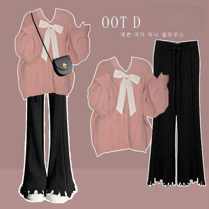 พร้อมส่ง ชุดเซท2ชิ้น เสื้อกันหนาว+กางเกงขากว้าง น่ารักมากก แฟชั่นสไตล์เกาหลี ใส่สวยดูแพงทันที
