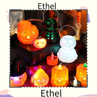 Ethel1 โคมไฟฟักทองฮาโลวีน Led พลาสติก รูปผี ฟักทอง สยองขวัญ สําหรับตกแต่งบ้าน 2 ชิ้น