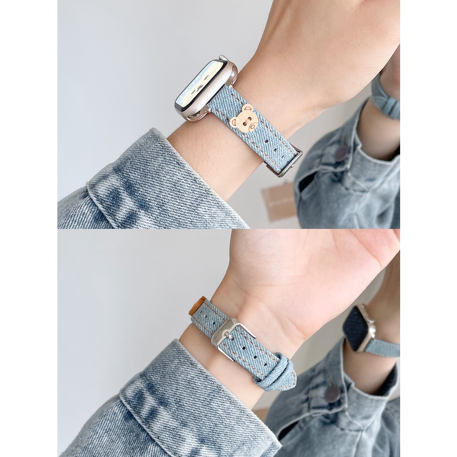 สายนาฬิกาข้อมือ สายหนัง ผ้ายีน ลายหมีน่ารัก สไตล์เกาหลี สําหรับ Amazfit Bip Lite S U Bip 3 Bip 5 Unity pro GTS 4 Mini Amazfit Active GTS3 GTS2 2e GTR Mini