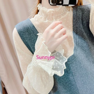 เสื้อเชิ้ต คอสูง แขนบาน ผ้าตาข่าย แต่งลูกไม้ สีขาว แฟชั่นฤดูร้อน สําหรับผู้หญิง