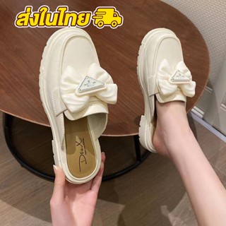 ส่งเร็ว🚚 รองเท้าคัทชูผู้หญิง รองเท้าปิดหัวเปิดส้น รองเท้าผู้หญิงหนังนิ่ม แบบสวม ทรงสุภาพ แต่งโบว์น่ารัก REN442