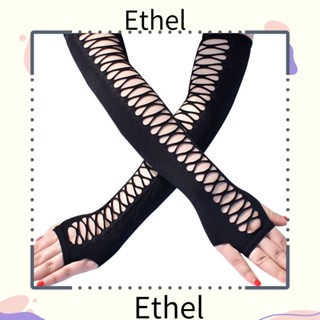 Ethel1 ถุงมือยาวถึงต้นขา แบบยืดหยุ่น สไตล์พังก์ โกธิค ฉลุลายนิ้วมือ สําหรับปาร์ตี้ฮาโลวีน