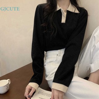 Gjcute เสื้อยืดลําลอง แขนยาว คอปก ทรงหลวม สีตัดกัน แฟชั่นฤดูใบไม้ร่วง สําหรับสตรี WTD