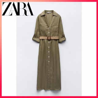 Zara ใหม่ ชุดเดรสเชิ้ต ผ้าลินิน มีเข็มขัด สําหรับผู้หญิง