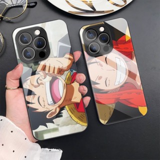 เคสโทรศัพท์มือถือกระจกนิรภัย แบบแข็ง ป้องกันเลนส์ ลายการ์ตูนอนิเมะ One Piece Luffy สําหรับ iPhone 14 Pro Max 13 11 12 mini X XR XS 7 8 SE 2020