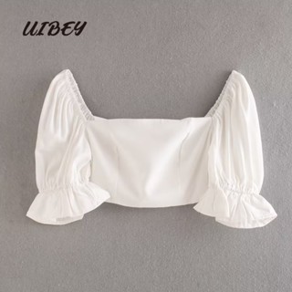 Uibey เสื้อเชิ้ตแขนพัฟ คอสี่เหลี่ยม เอวสูง สีพื้น 2141