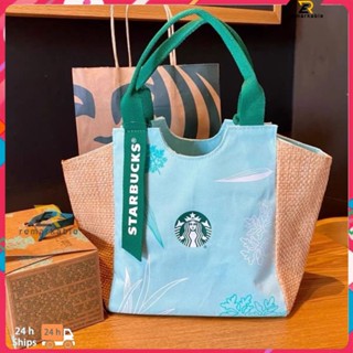 คลังสินค้าพร้อม Starbucks Portable Canvas Shopping Bag Lunch Box Bag Starbucks Color Shoulder Bag Tote Bag โดดเด่น_th