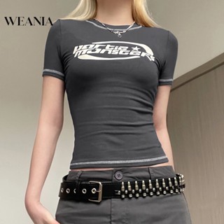 Weania เสื้อยืดลําลอง แขนสั้น พิมพ์ลายตัวอักษร แฟชั่นฤดูร้อน สําหรับผู้หญิง