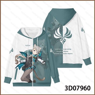 Mg เสื้อแจ็กเก็ตคอสเพลย์ แขนยาว มีซิป พลัสไซซ์ ลายอนิเมะ Genshin Impact Lynette 3D