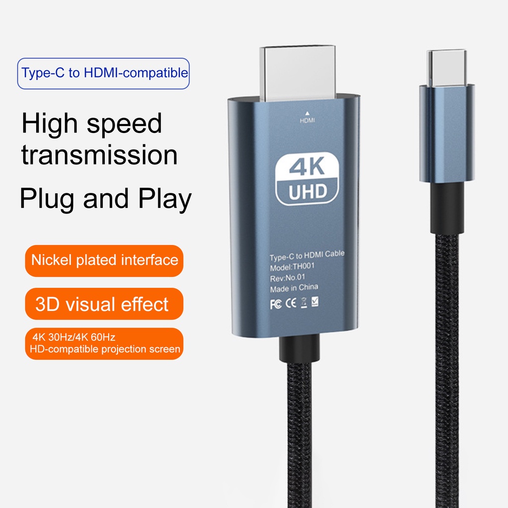 อะแดปเตอร์สายเคเบิล TypeC เป็น 4K 60HZ 3D HDMI ความละเอียดสูง 1080p ยาว 2 ม. สําหรับแล็ปท็อป โทรศัพท์ แท็บเล็ต Huawei OPPO Samsung
