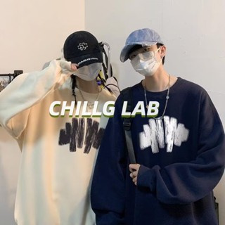 CHILLG LAB เสื้อยืดผู้ชายพิมพ์ลายกราฟฟิตีคอกลมฤดูใบไม้ผลิและฤดูใบไม้ร่วงสไตล์อเมริกันย้อนยุคเยาวชนอินเทรนด์แบรนด์หลวมไม่มีหมวกเสื้อกันหนาวแขนยาวคู่